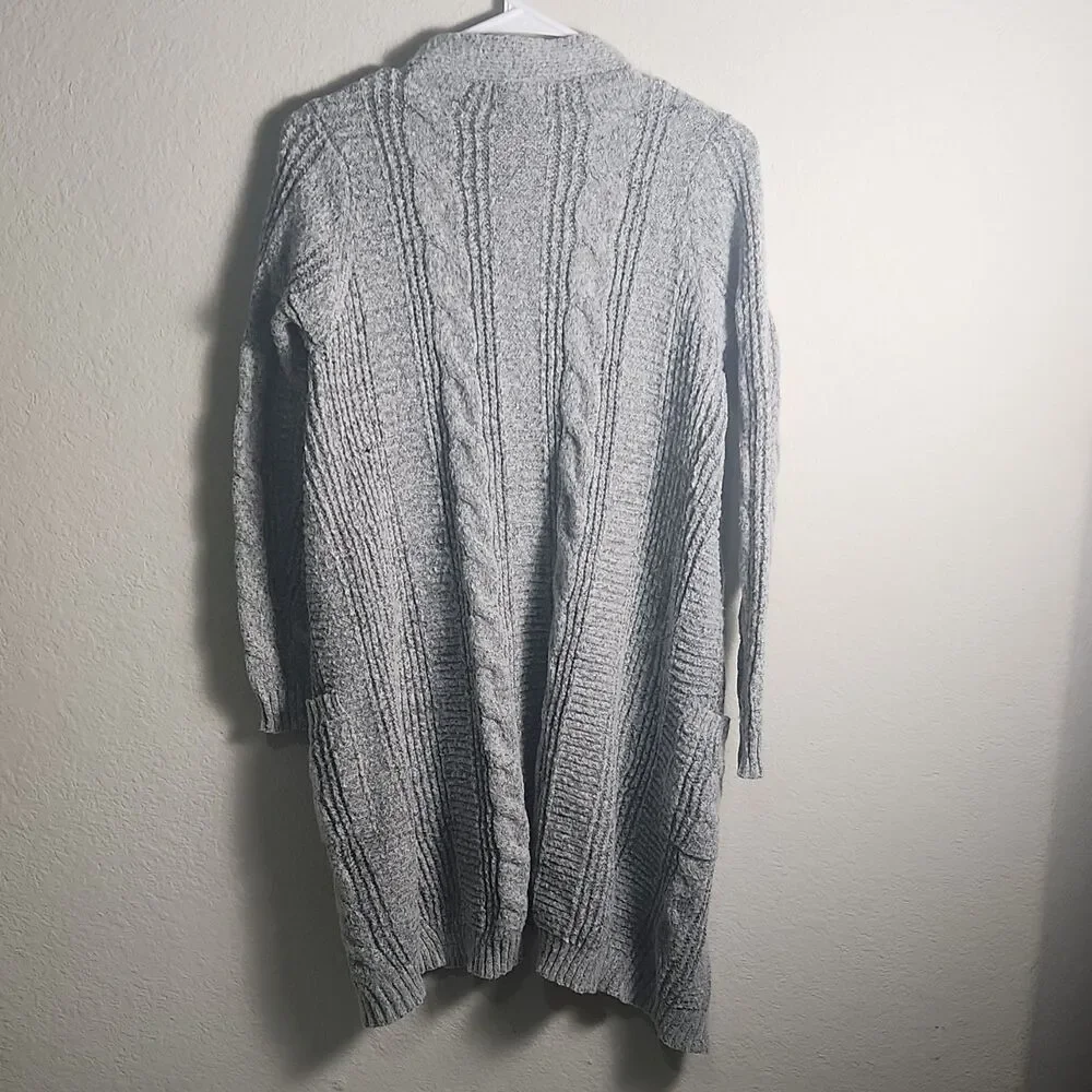 Ashley Womens M Gray Cable-Knit Open Front Cardigan Sweater Long Sleeve Pockets - Picture 6 of 7